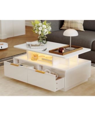 Modern Coffee Table, 2 Tier Rectangular Center Table with Storage Drawers, Open Shelf, 16-Color LED Lights, High Glossy Wooden Tea Table