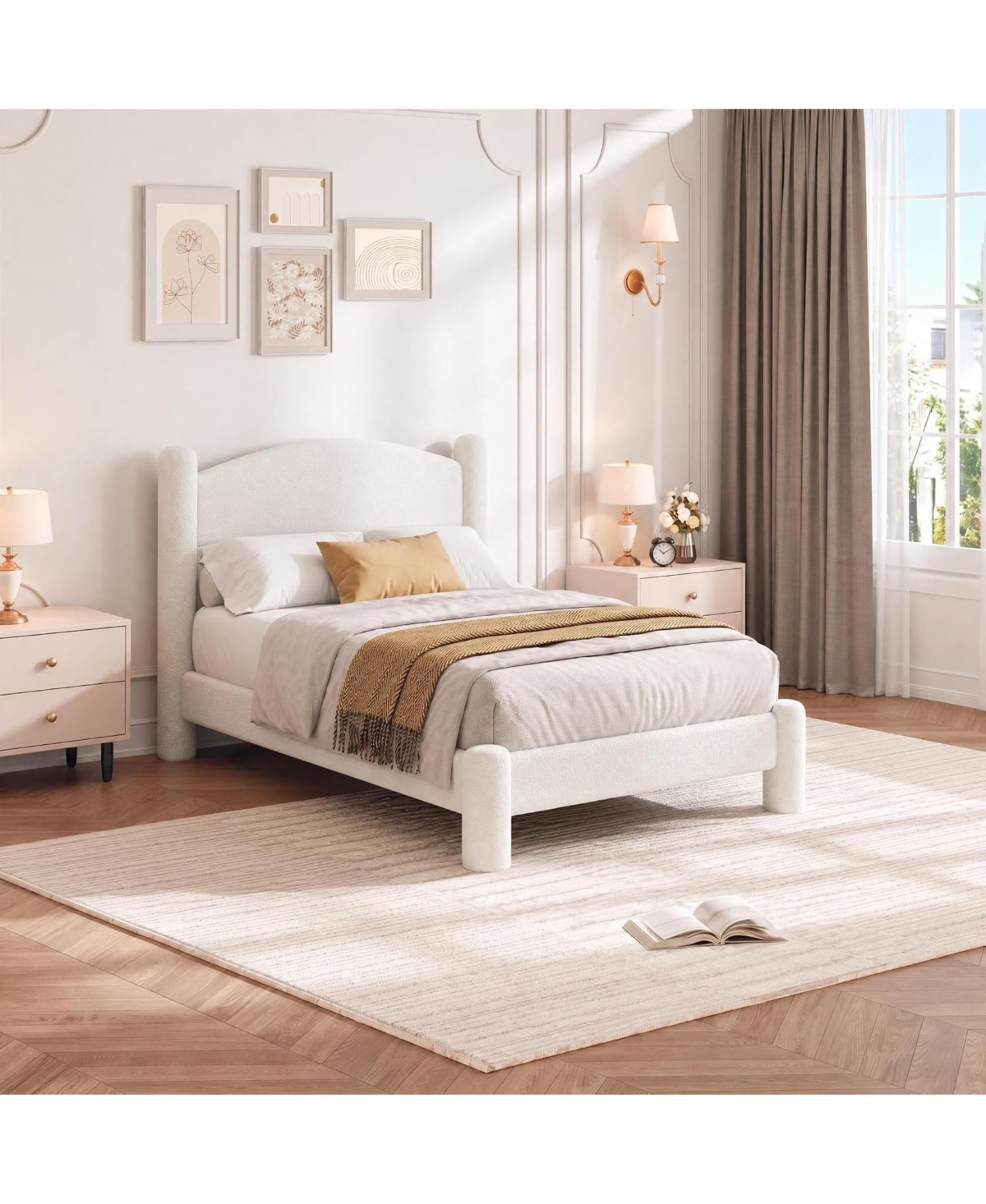 homfan Twin Cloud Bed Round Boucle Headboard and Cylindrical Legs, Heavy Duty, No Box Spring, Easy Assembly
