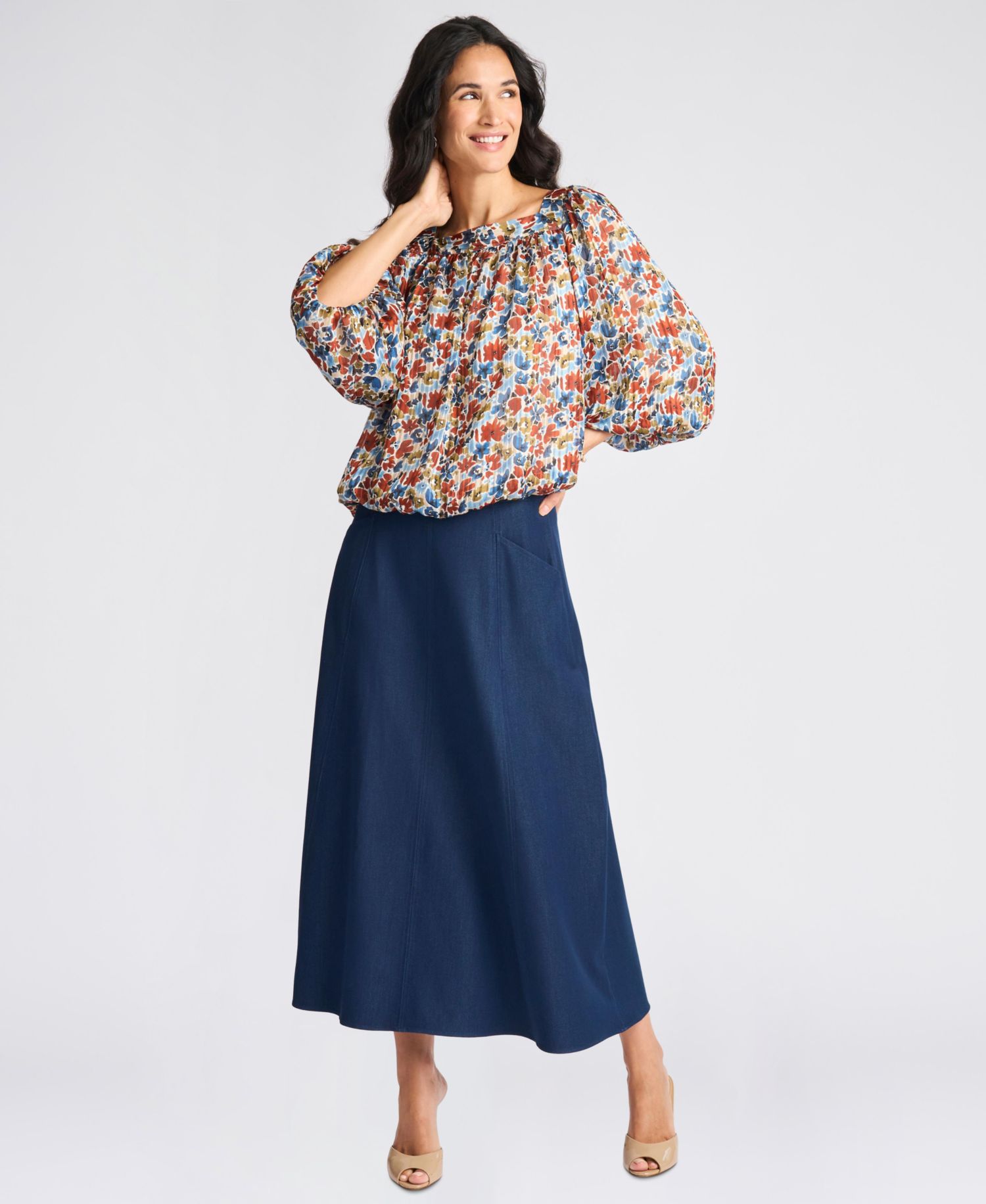 Women's Floral Square Neck 3/4-Sleeve Blouse