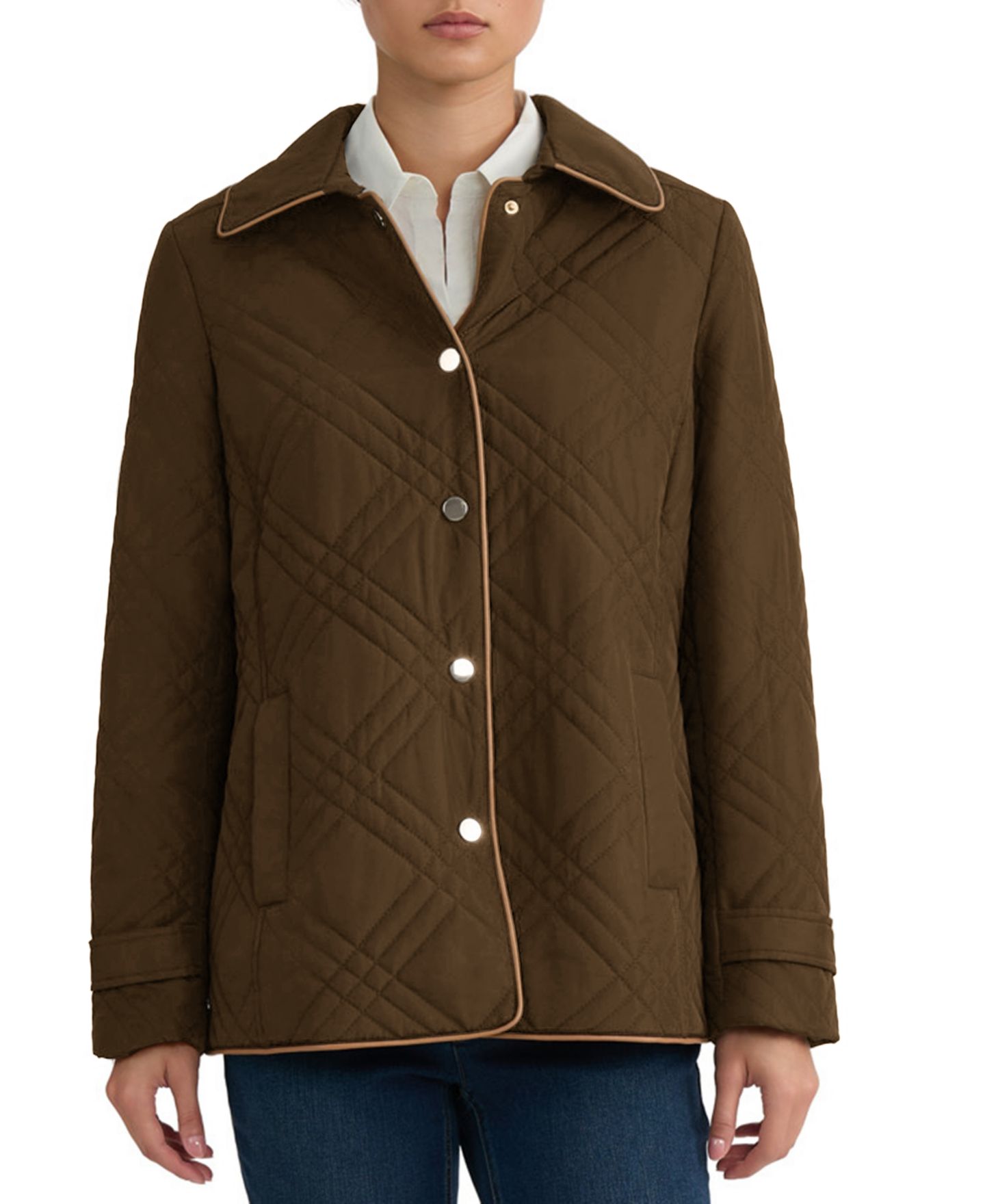Женская куртка Jones New York Petite Quilted Faux Leather Trim, цвет: Кофейный — фото 1