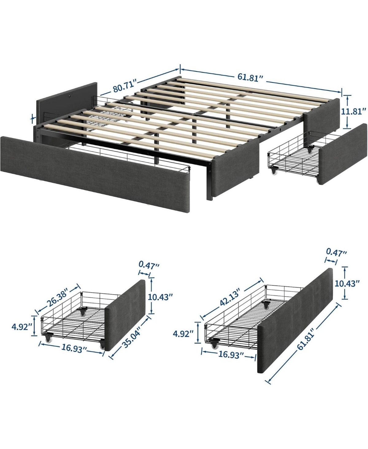 gaomon Queen Size Bed Frame with 3 Underbed Storage Drawers Platform, No Headboard, Mattress Foundation with Wooden Slat Support