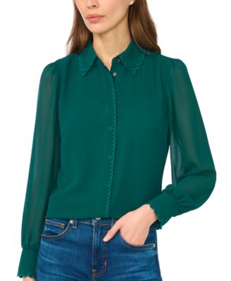 Women's Scallop-Trim Long-Sleeve Chiffon Blouse