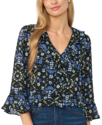 Women's Ruffled Long-Sleeve V-Neck Blouse