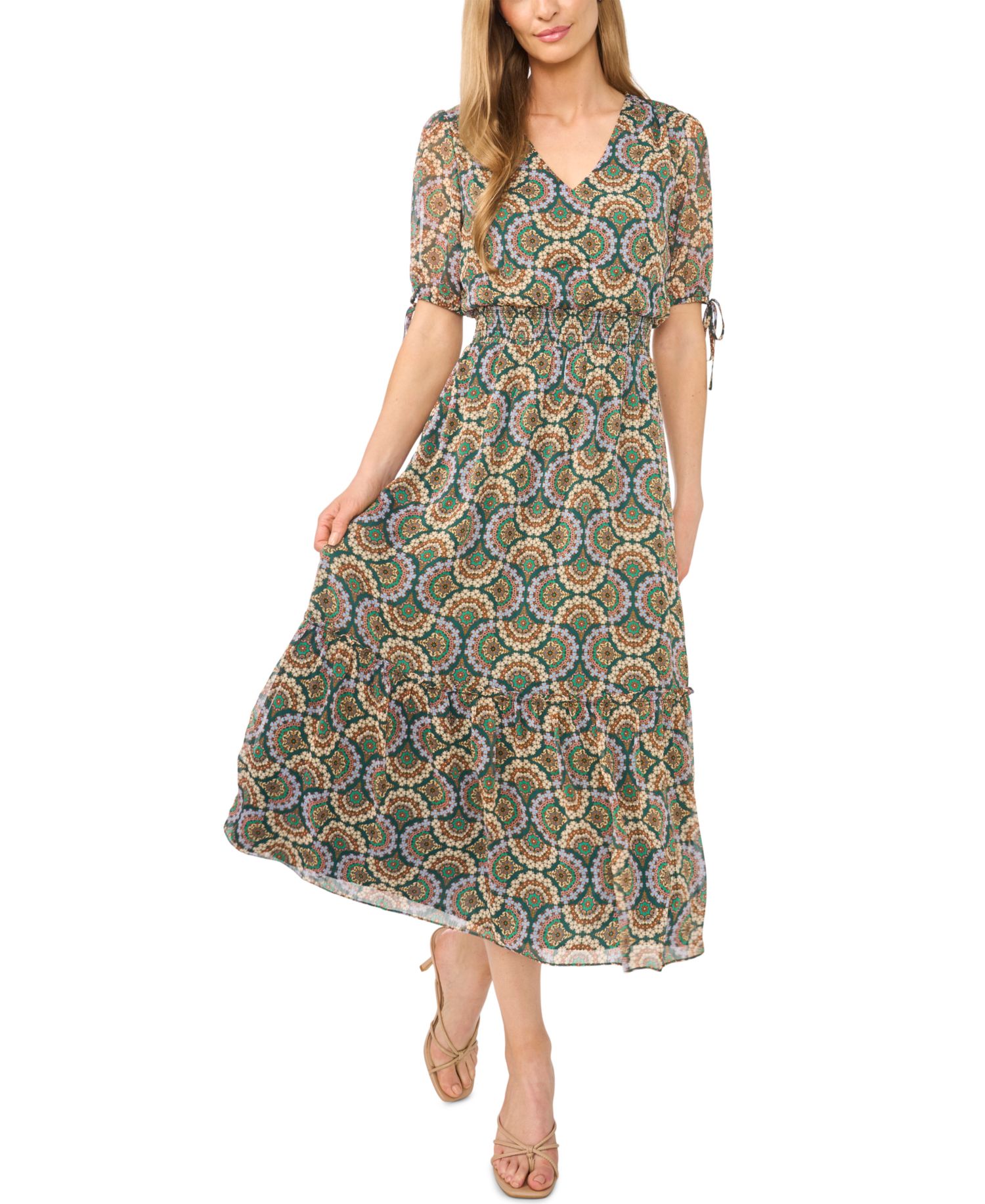 Women's Short-Sleeve V-Neck Smocked-Waist Midi Dress