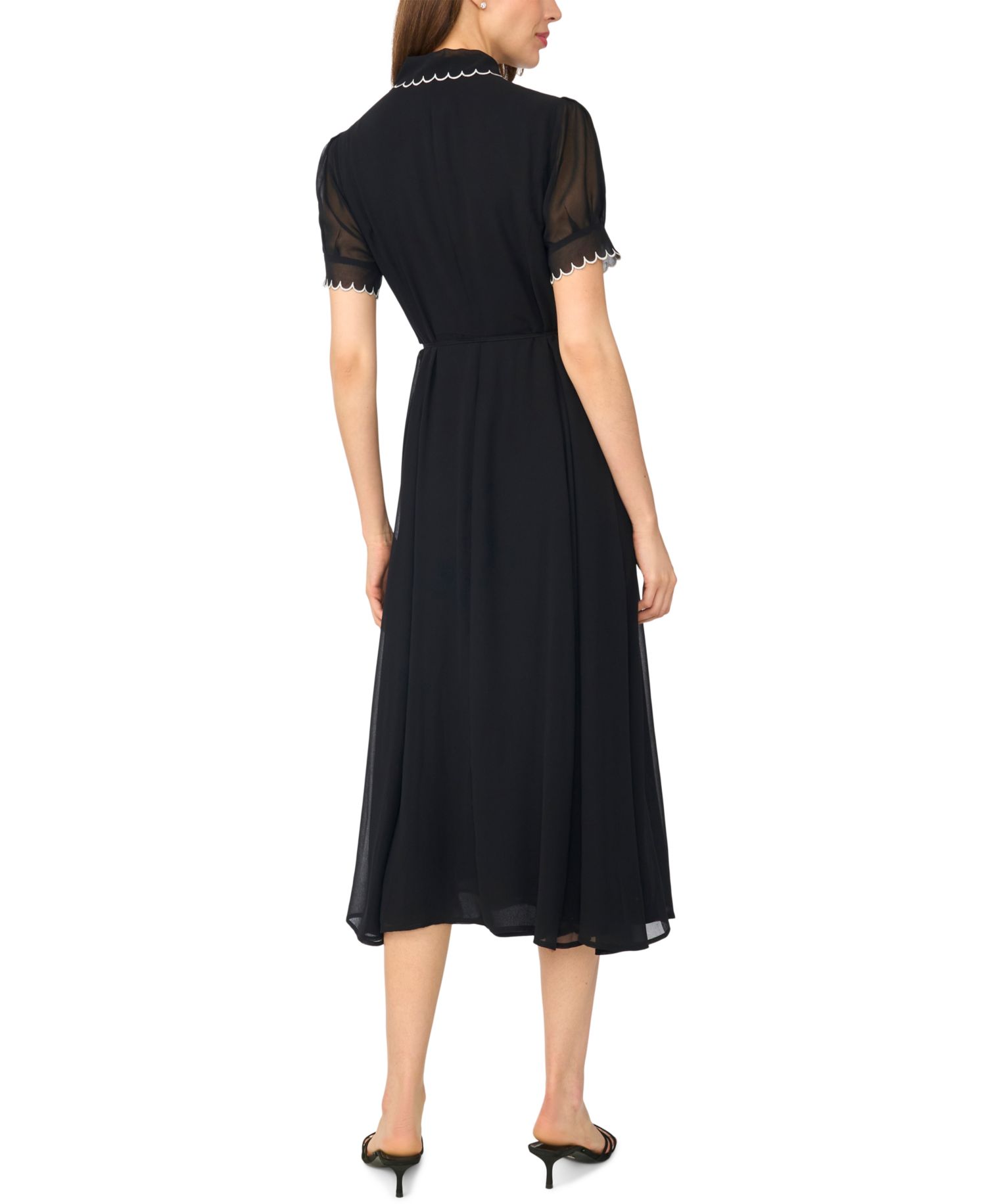 Women's Contrast Stitch Short-Sleeve Scallop Midi Dress with Tie Waist