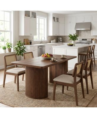 63" Dining Table for 6, Modern Fluted Kitchen Table with Wood Frame and Double Pedestal Base, Large Rectangular Dinner Room Table