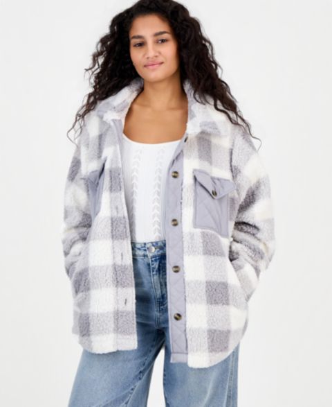 Женские куртки Hippie Rose Oversized Sherpa Shacket, цвет: Серый клетчатый