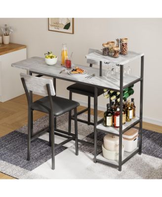 3-Piece Bar Table and Chairs Set Retro Grey Steel Frame Marble Top Storage Shelves Wine Rack Space-Saving for Kitchen Home Bar