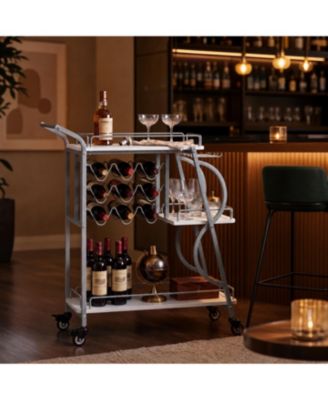 3-Tier Bar Cart 35" Trapezoid Metal Frame with Wood Shelves Serving Cart Coffee Station Wine Rack Organizer for Dining Room Kitchen Living Room