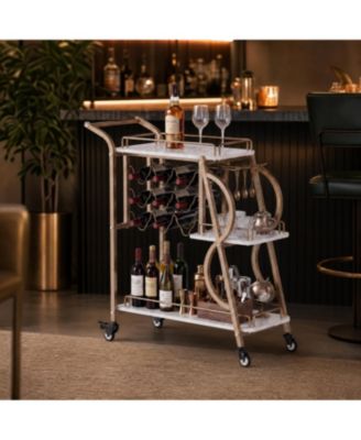 3-Tier Bar Cart 35" Trapezoid Metal Frame with Wood Shelves Serving Cart Coffee Station Wine Rack Organizer for Dining Room Kitchen Living Room
