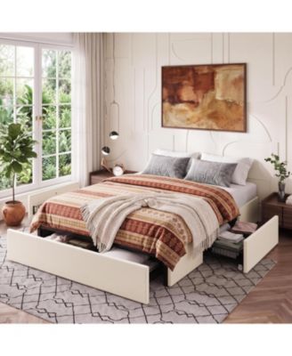 Upholstered Metal Platform Bed Frame with Under-Basket Storage, Wooden Slat Support