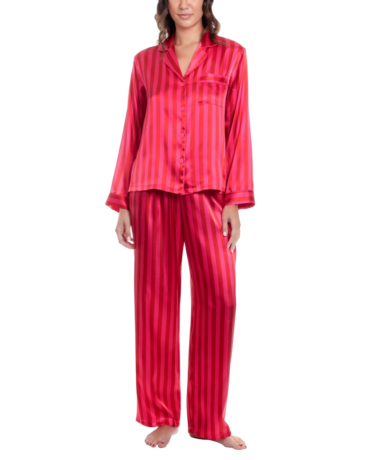 Linea Donatella Women's Satin Striped Long-Sleeve Top and Pants, 2-Piece Set - Hot Pink