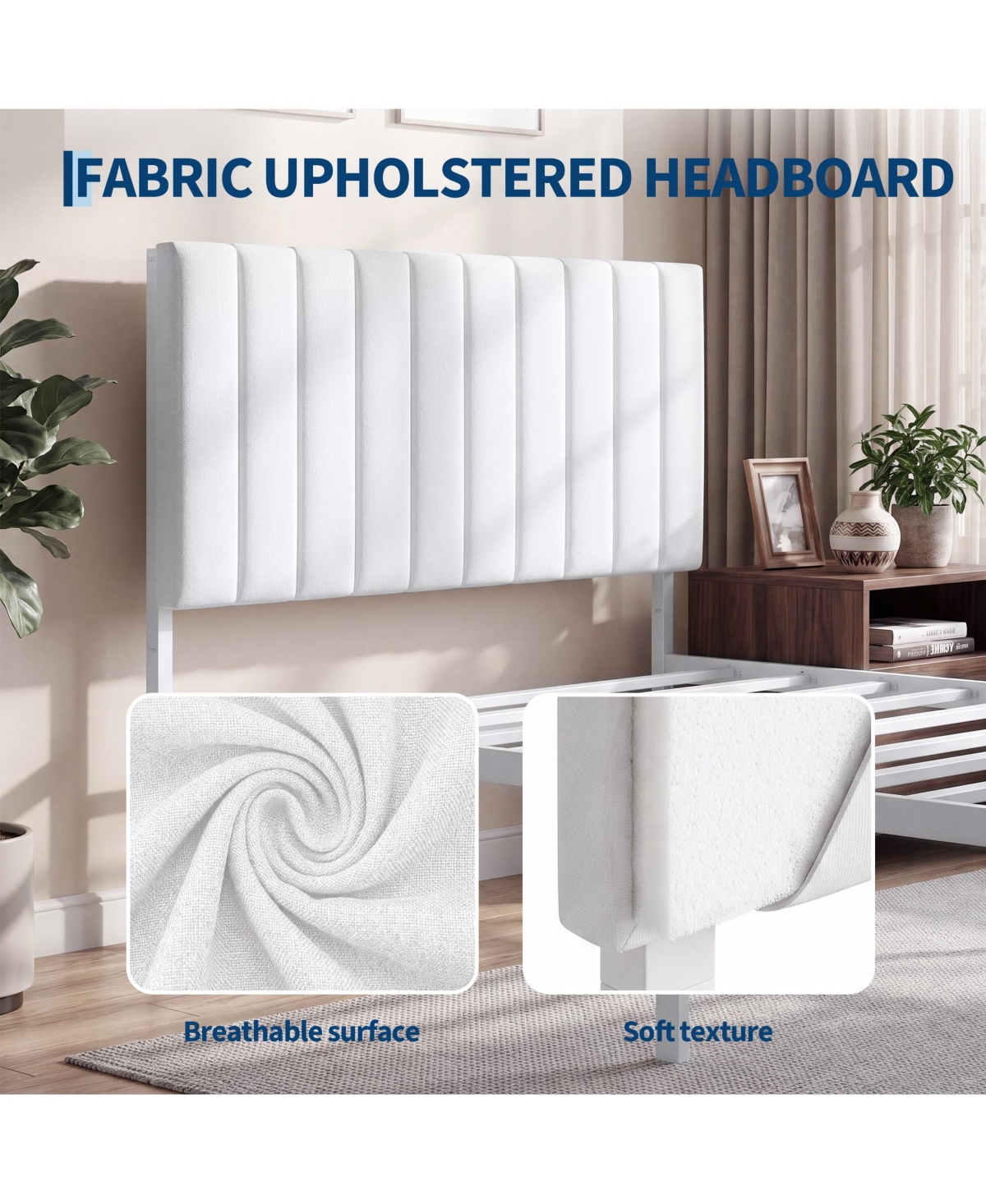 homfan Bed Frame with Upholstered Headboard, Adjustable Headboard Iron Platform Bed, No Box Spring Needed