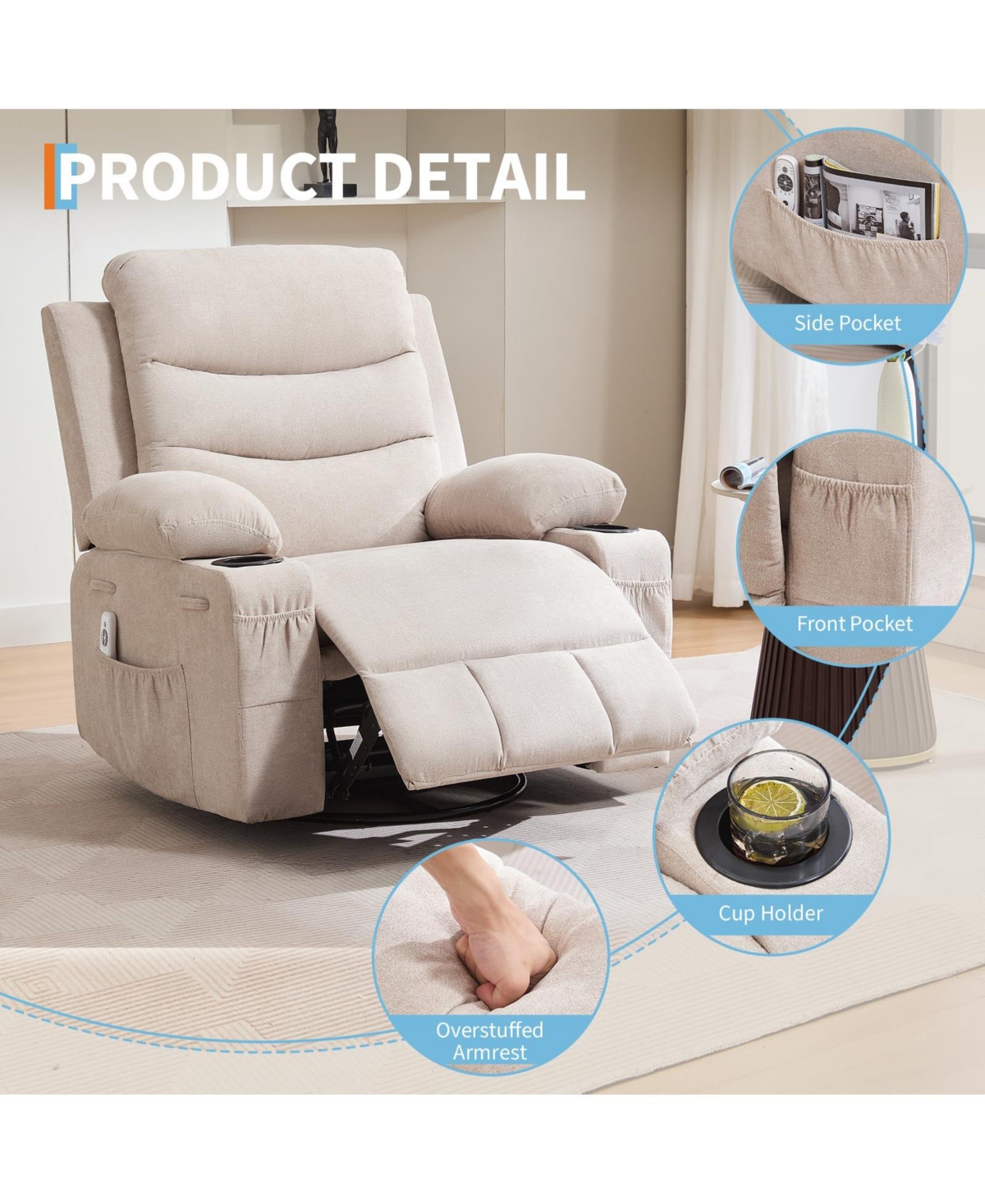 Oversized 360 Degree Swivel Glider Rocker Recliner Chair Equipped With Massage and Heat Functions, Idea For Living Room, Nursery, Bedroom
