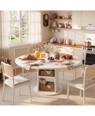47.24 Inch Round Farmhouse Dining Table With 2 Tier Shelf, Seats 4 6 People, Wooden Frame, Sturdy Wood Base, Modern Circular Table For Kitchen
