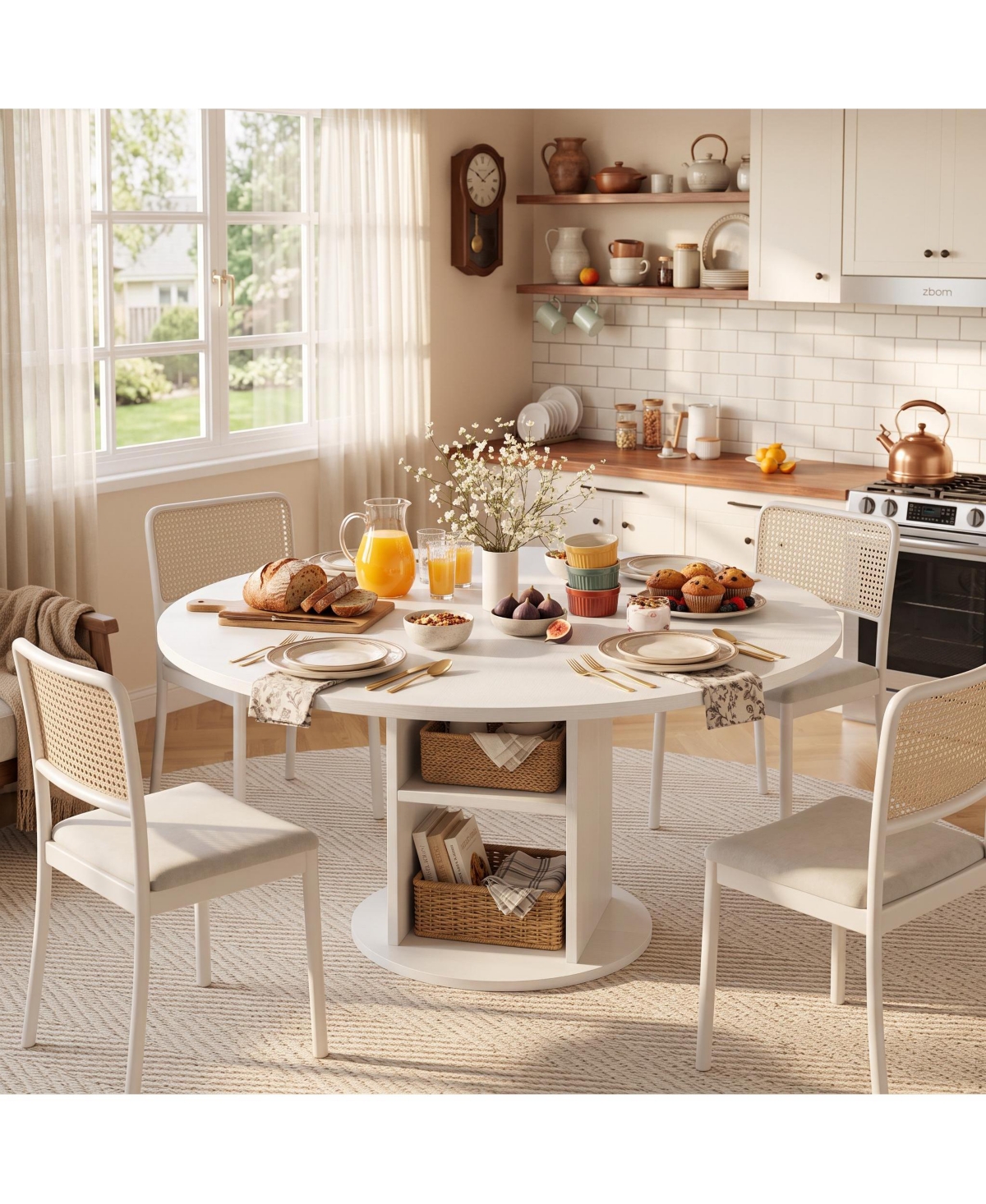 47.24 Inch Round Farmhouse Dining Table With 2 Tier Shelf, Seats 4 6 People, Wooden Frame, Sturdy Wood Base, Modern Circular Table For Kitchen