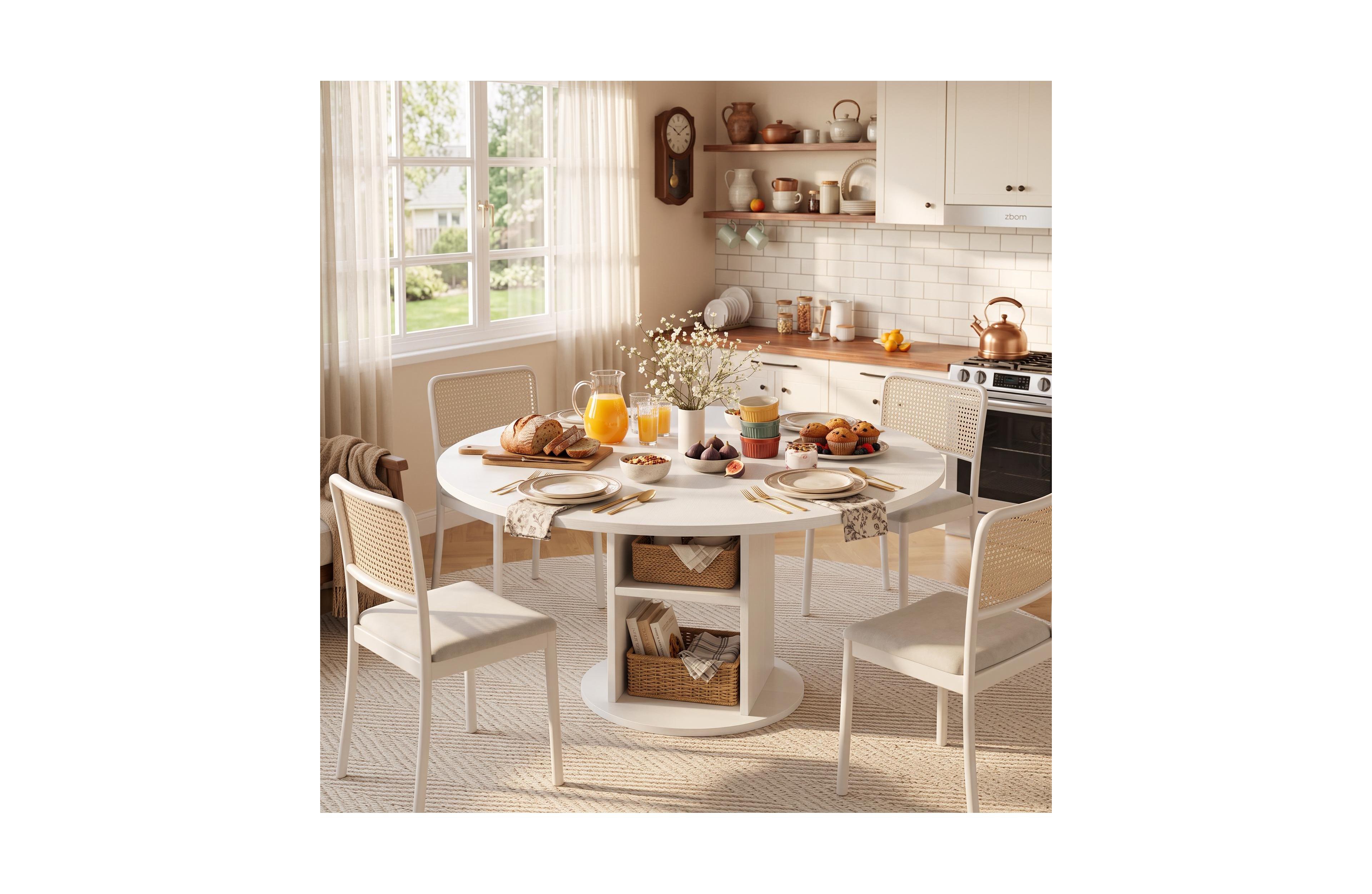 47.24 Inch Round Farmhouse Dining Table With 2 Tier Shelf, Seats 4 6 People, Wooden Frame, Sturdy Wood Base, Modern Circular Table For Kitchen
