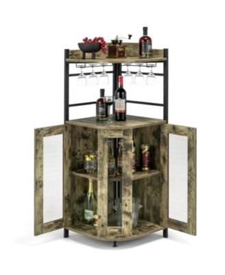 Industrial Corner Bar Cabinet with Glass Holder and Adjustable Shelf