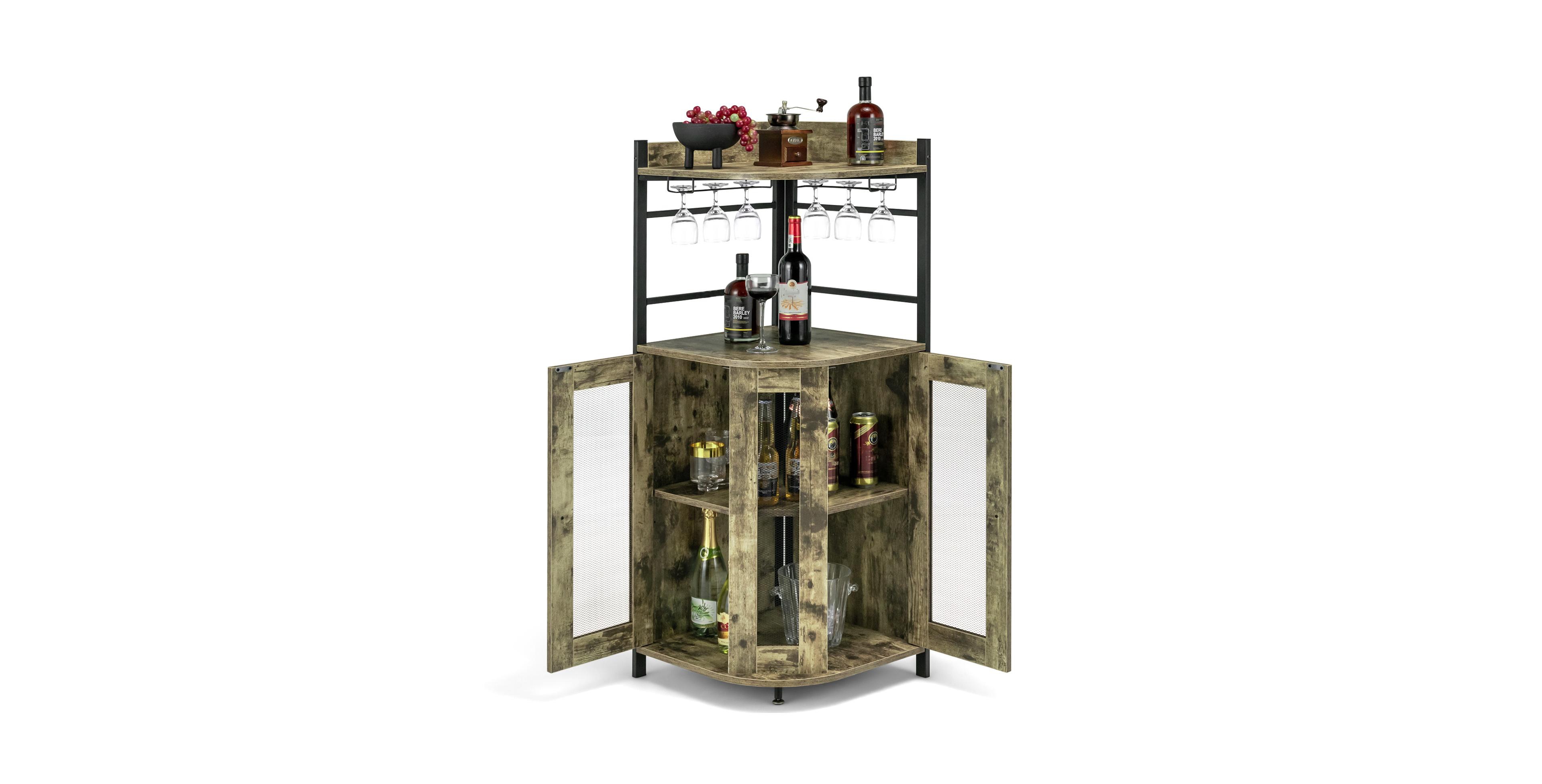 Mecale Industrial Corner Bar Cabinet with Glass Holder and Adjustable Shelf
