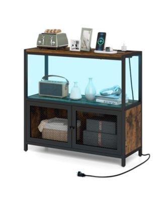 Industrial Coffee Bar Cabinet with LED Lights and Charging Station