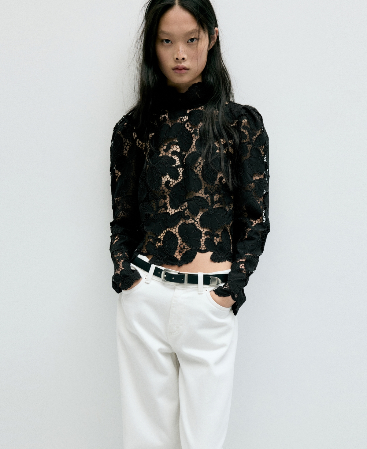 Mango Women's Band Collar Guipure Long-Puffed-Sleeve Blouse