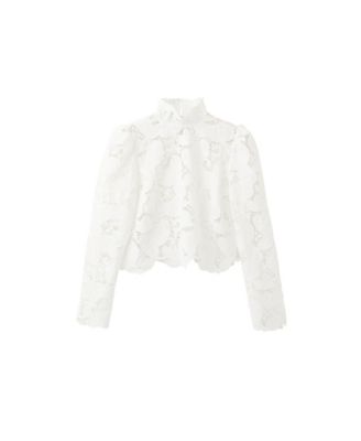 Women's Band Collar Guipure Long-Puffed-Sleeve Blouse