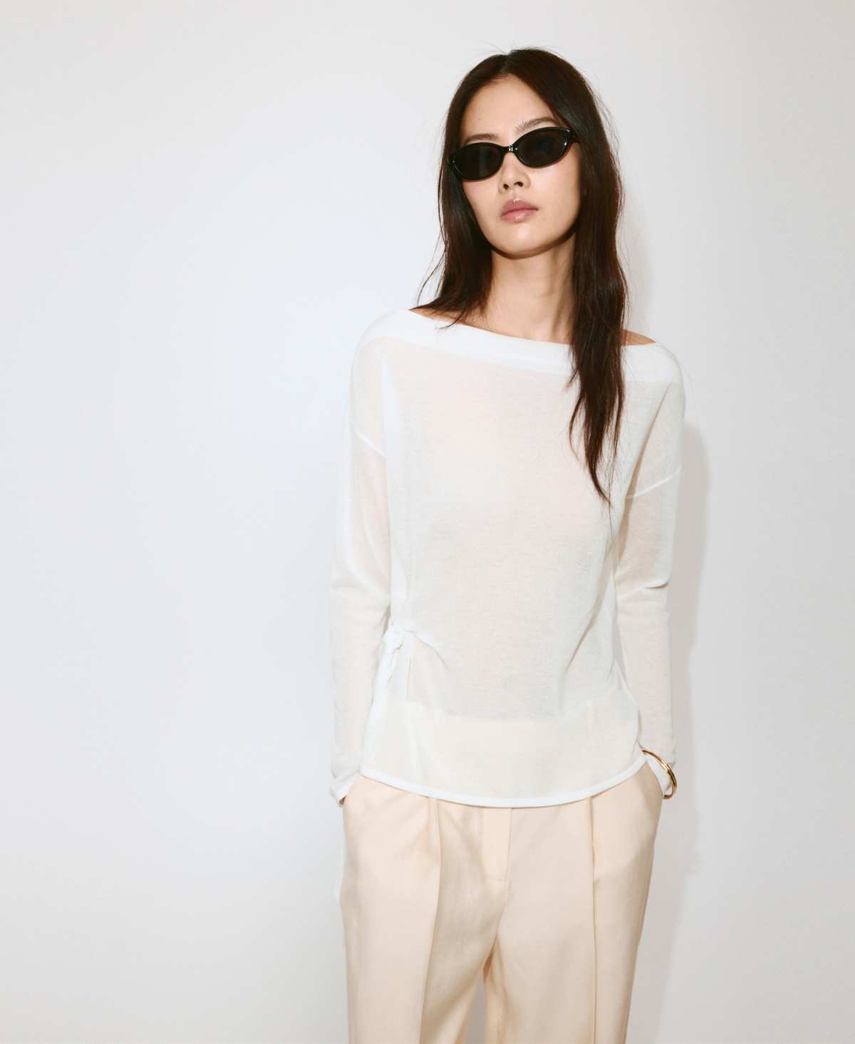 Mango Women's Fine-Knit Bow Boat-Neck Long-Sleeve Sweater - Off White