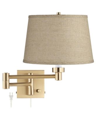 Alta Vintage Swing Arm Wall Lamp Warm Antique Brass Plug-in Light Fixture Burlap Fabric Drum Shade for Bedroom Bedside Living Room Home
