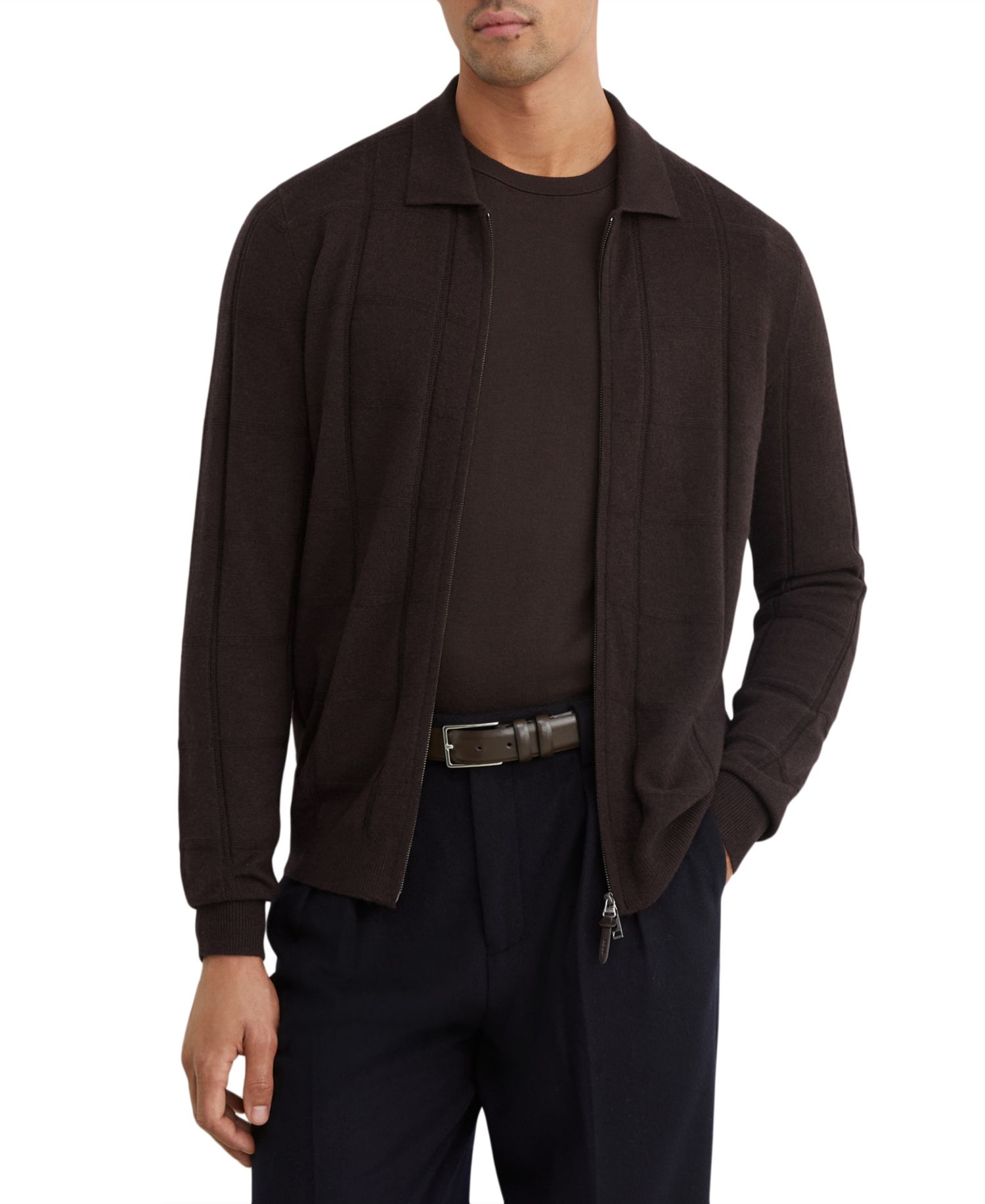 Men's Martindale Check-Textured Zip-Through Wool Cardigan
