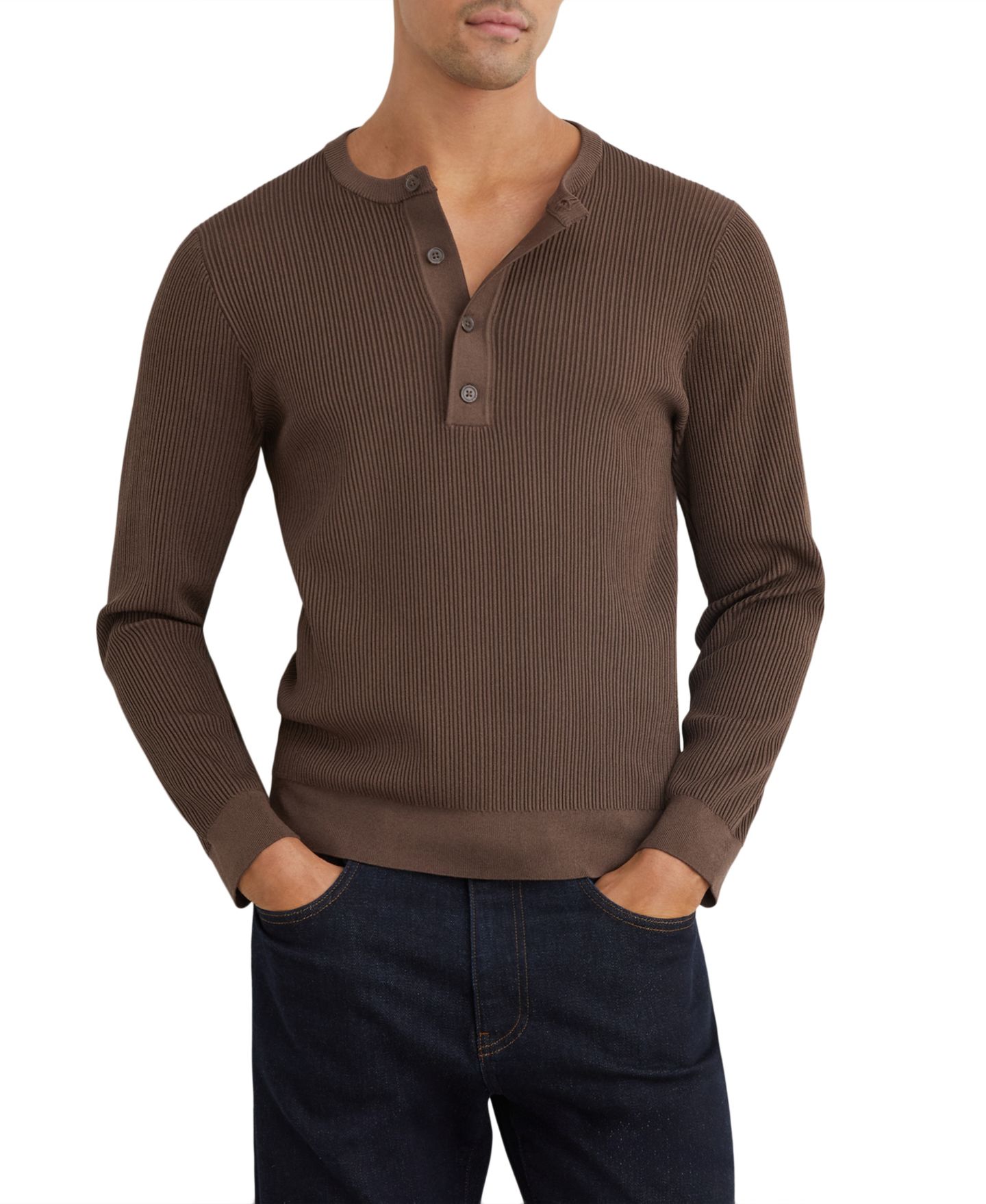 Мужская рубашка REISS Declan Ribbed Regular-Fit Long-Sleeve Henley, цвет: Шоколадный коричневый — фото 1