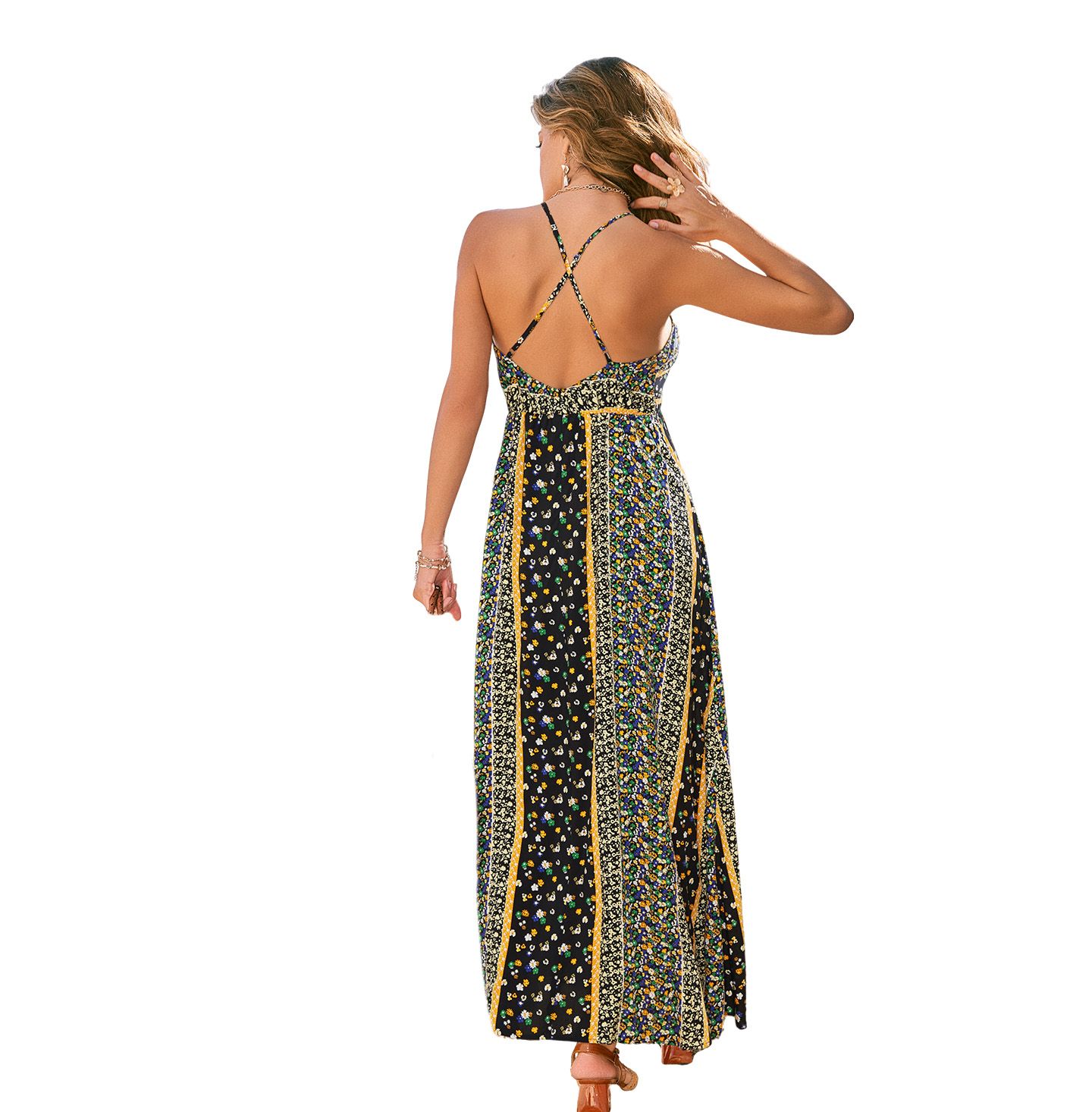 Женское платье Cupshe Floral Print Halter Neck Side Slit Maxi, цвет: Чёрный — фото 3