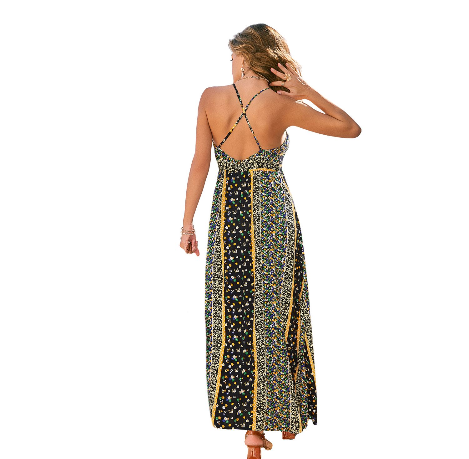 Women's Floral Print Halter Neck Side Slit Maxi Dress