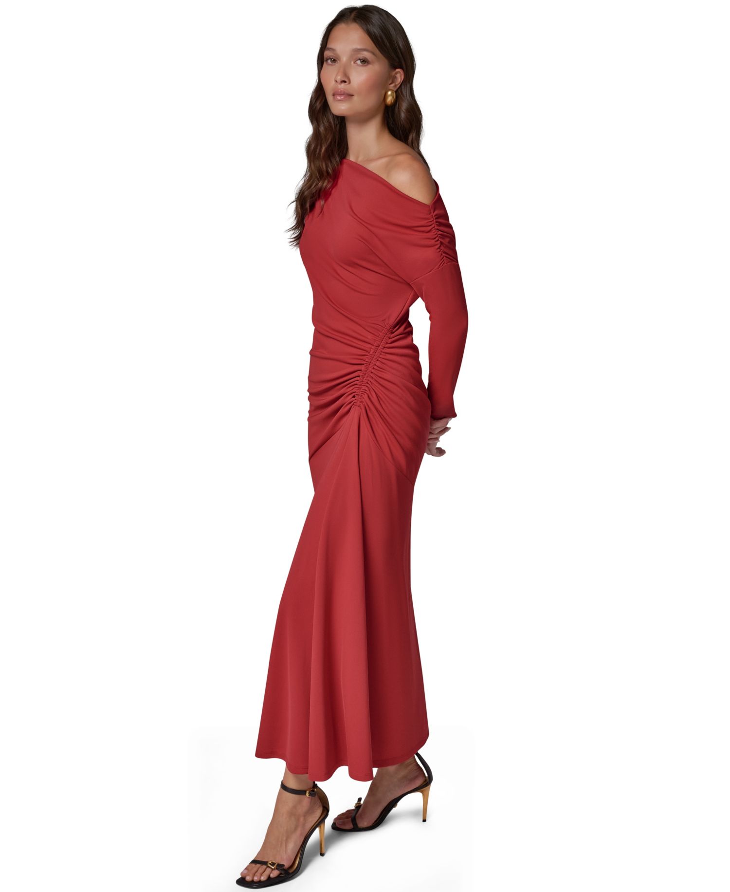Women's Off-the-Shoulder Long-Sleeve Ruched Maxi Dress