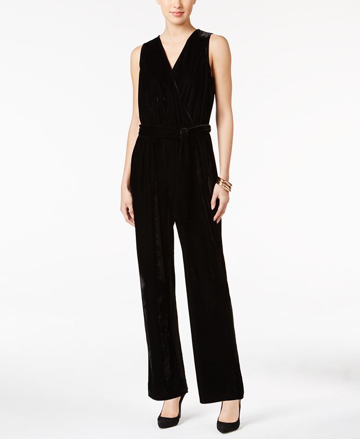NY Collection Petite Velvet Belted Wide-Leg Jumpsuit - Macy's