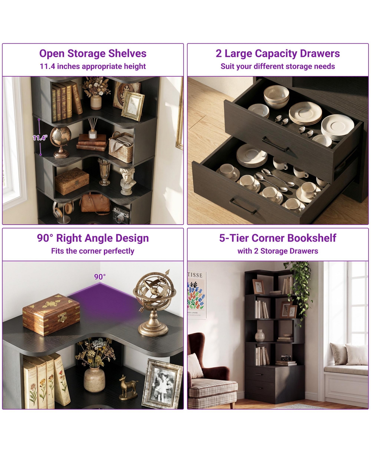 Aheaplus Small 6-Tier Corner Bookcase with 2-Drawers, BookShelf for Bedroom Storage