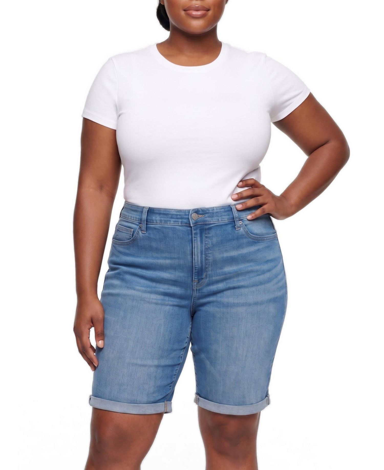 Plus Size Perfect High-Rise Denim Bermuda Shorts, 10" Inseam
