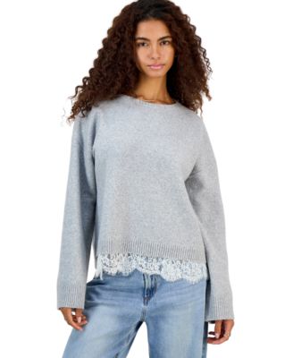 Juniors' Lace-Trim Long-Sleeve Crewneck Pullover Sweater
