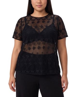 Plus Size Abbey Embroidered Mesh Scoop Neck Blouse