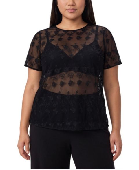 Женская блузка Torrid Plus Size Abbey Embroidered Mesh Scoop Neck, цвет: Глубокий чёрный