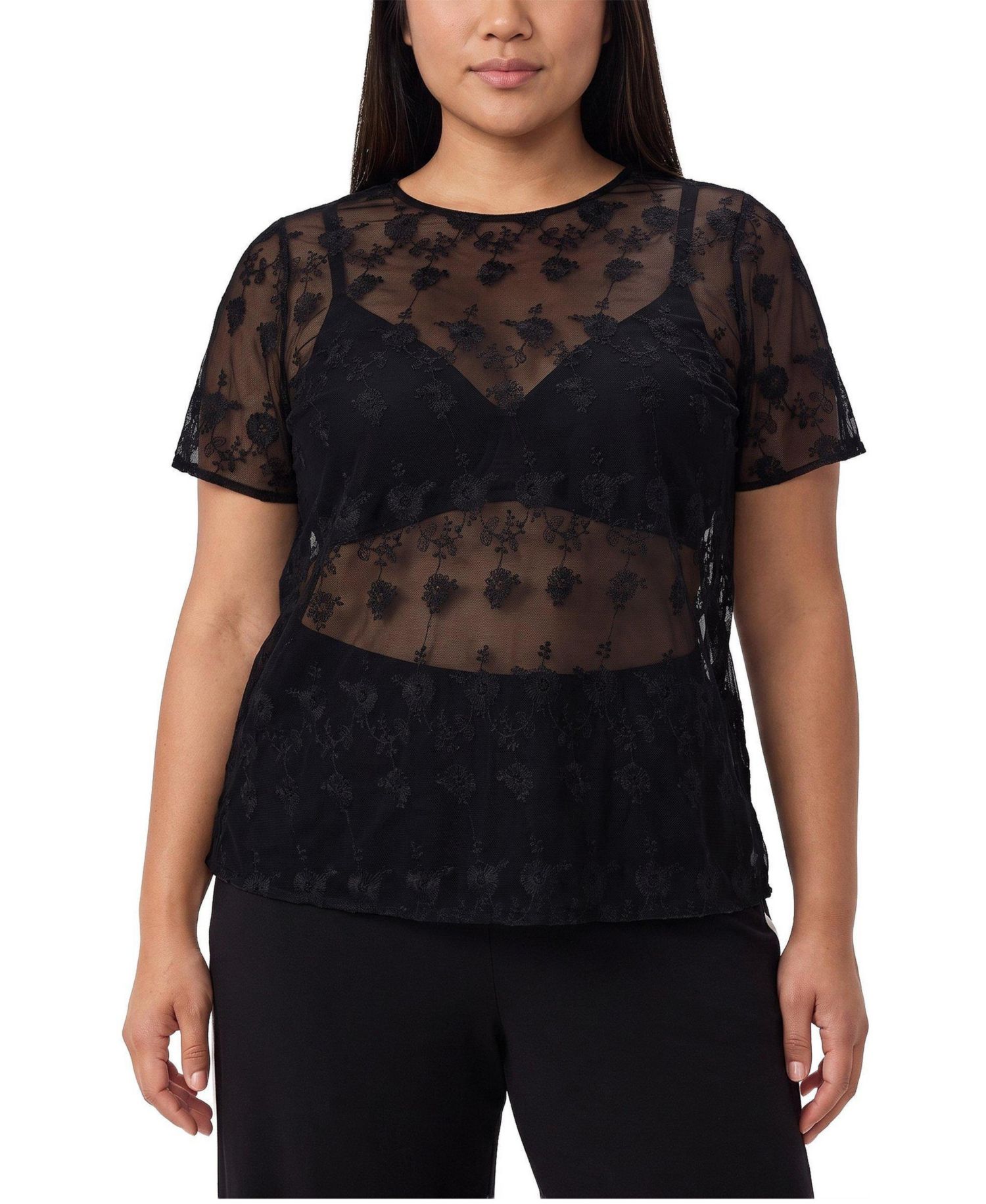 Plus Size Abbey Embroidered Mesh Scoop Neck Blouse