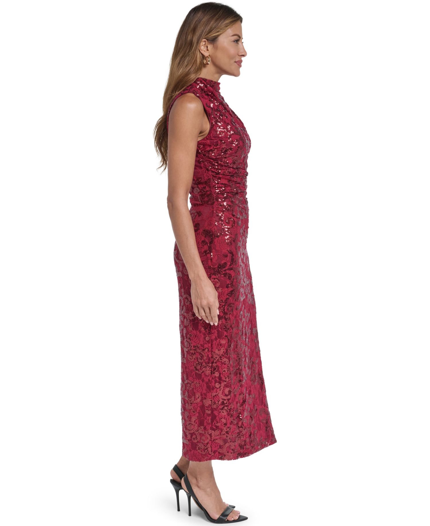 Petite Cowl Neck Sequin Floral-Print Midi Dress