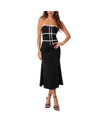 Women's Strapless Tie Detail Midi Flutter Dress
