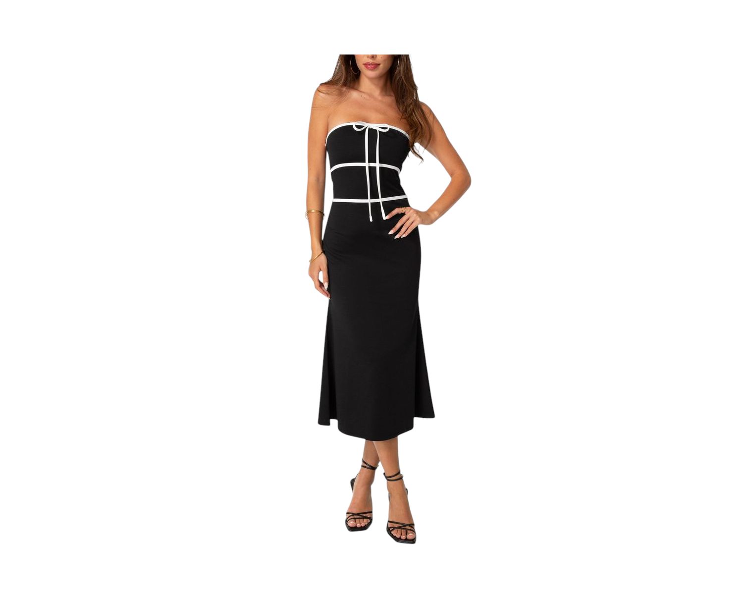 Women's Strapless Tie Detail Midi Flutter Dress