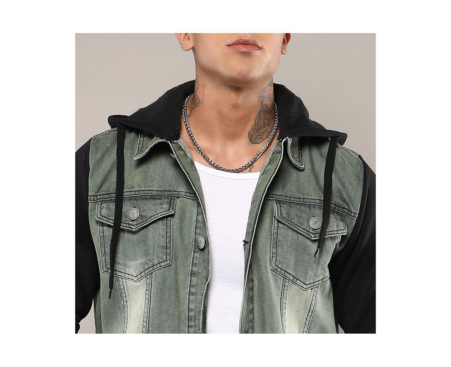 Men's Light-Wash Hooded Denim Jacket With Sweatshirt-Style Sleeves