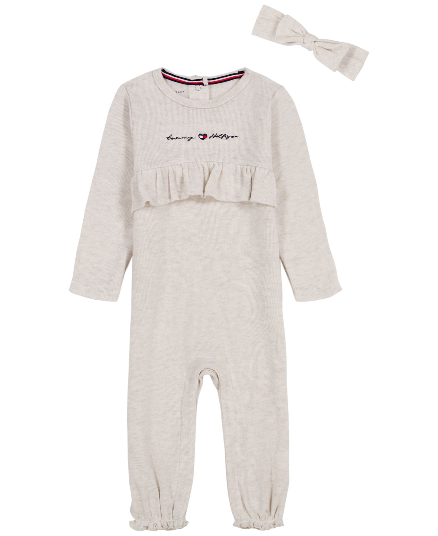 Комплект Tommy Hilfiger Ruffled Long-Sleeve Romper and Headband, 2-Piece Set для девочек-малышей, цвет: Овсяный — фото 1