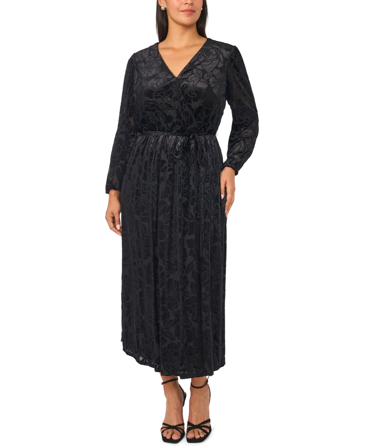 Msk Plus Size Floral Midi Burnout Velvet Dress - Black