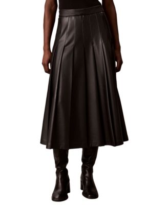 Women's Pleated Midi High-Waisted Faux Leather Skirt