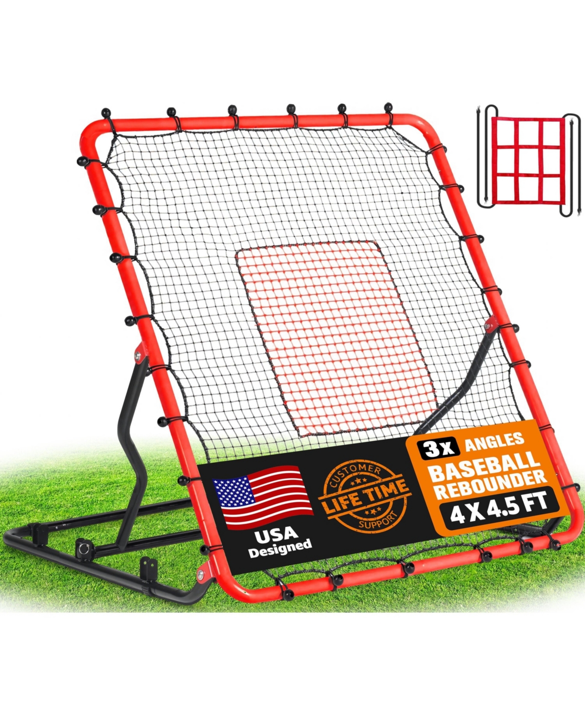 Zealfeel Baseball Rebounder Net, Adjustable Angles 4x4.5FT Pitch Back Softball Volleyball with 2 Strike Zones