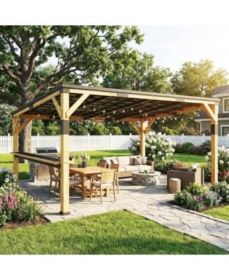 10'x14' Wood Gazebo, Hardtop Lean-to Gazebo Pergola with Bar Shelf