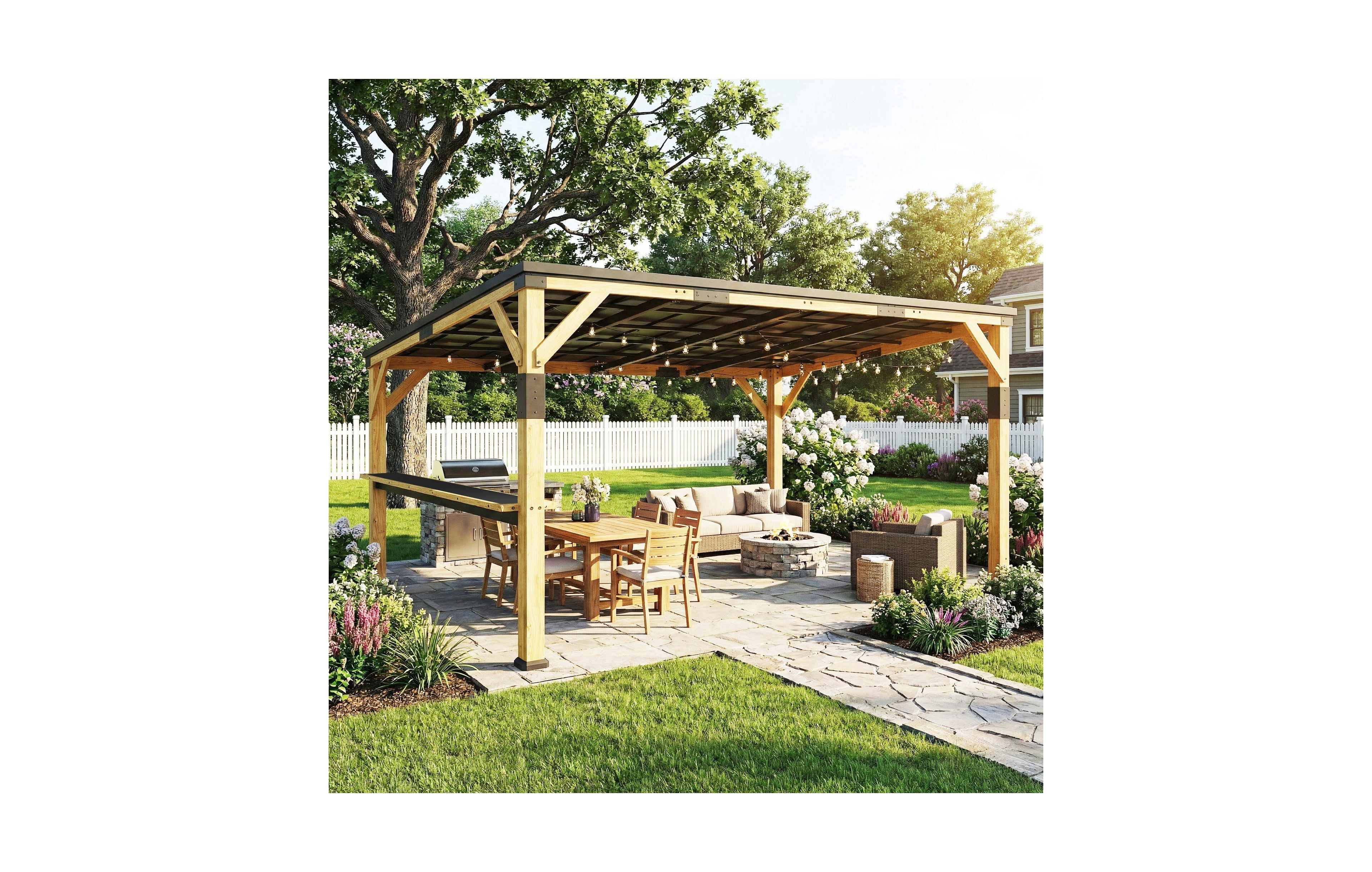 Outsunny 10'x14' Wood Gazebo, Hardtop Lean-to Gazebo Pergola with Bar Shelf